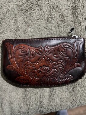 Tooled Leather Zip Clutch - Brown Ombre Floral
